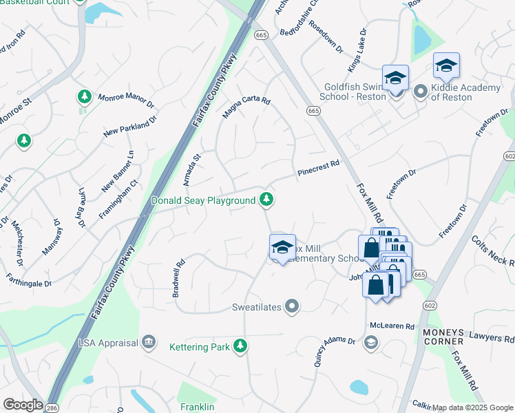 map of restaurants, bars, coffee shops, grocery stores, and more near 2578 Viking Drive in Herndon