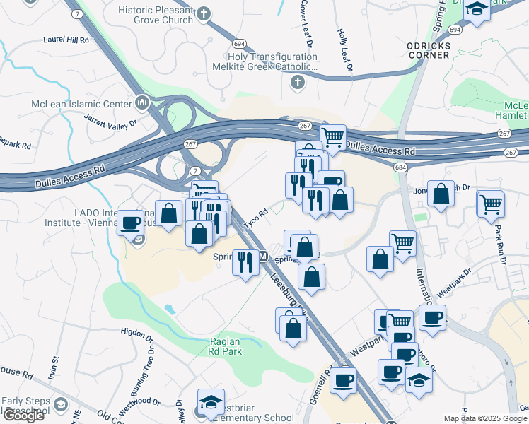 map of restaurants, bars, coffee shops, grocery stores, and more near 8568 Tyco Road in Vienna