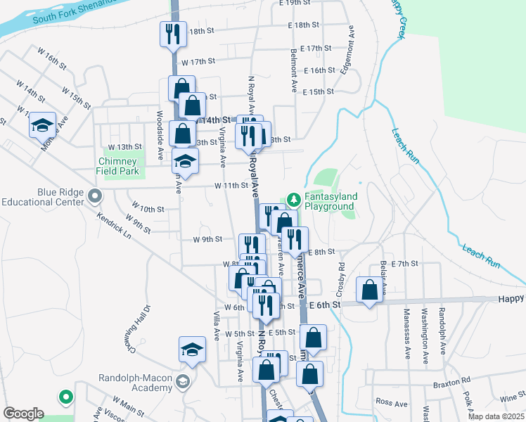 map of restaurants, bars, coffee shops, grocery stores, and more near 915 North Royal Avenue in Front Royal
