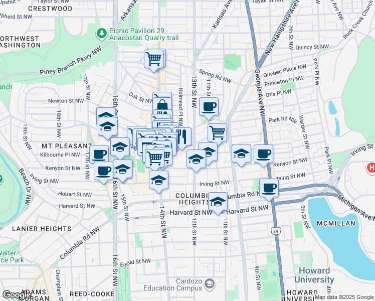 map of restaurants, bars, coffee shops, grocery stores, and more near 101 Independence Avenue Southeast in Washington
