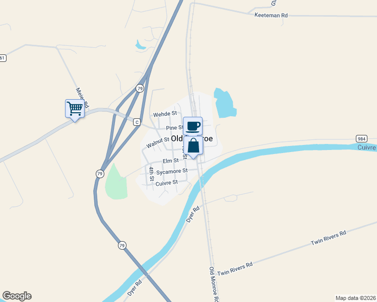 map of restaurants, bars, coffee shops, grocery stores, and more near in Old Monroe