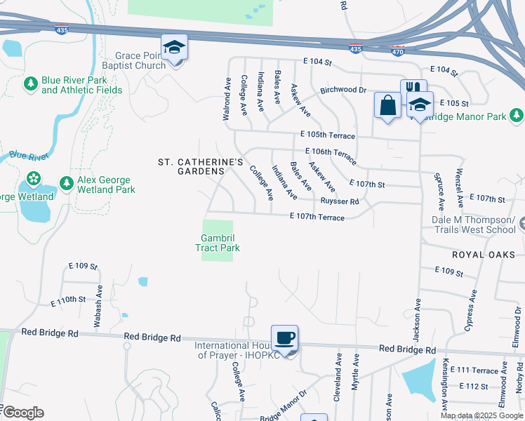 map of restaurants, bars, coffee shops, grocery stores, and more near 3204 East 107th Terrace in Kansas City