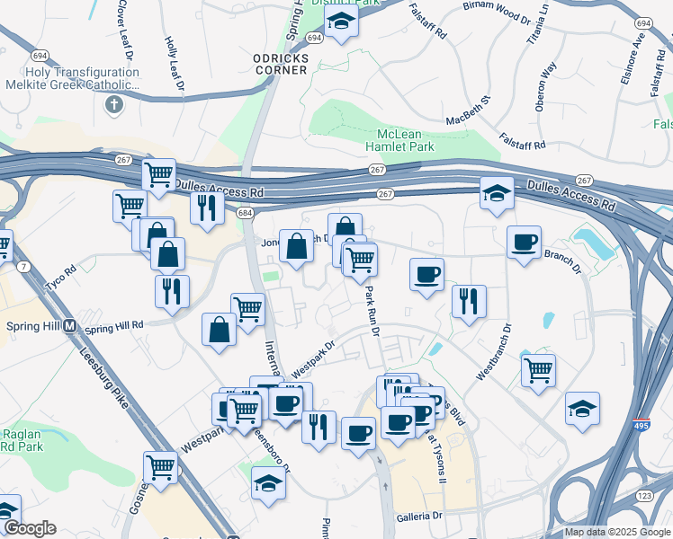map of restaurants, bars, coffee shops, grocery stores, and more near 1511 Lincoln Way in McLean