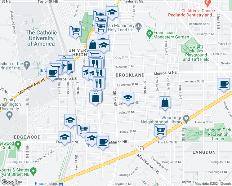 map of restaurants, bars, coffee shops, grocery stores, and more near 3301 13th Street Northeast in Washington