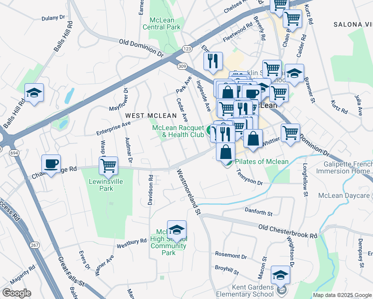 map of restaurants, bars, coffee shops, grocery stores, and more near 1527 Spring Vale Avenue in McLean