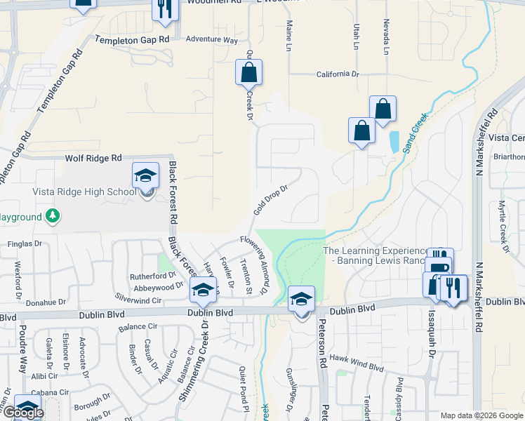 map of restaurants, bars, coffee shops, grocery stores, and more near 6771 Gold Drop Drive in Colorado Springs