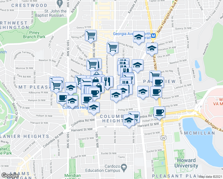 map of restaurants, bars, coffee shops, grocery stores, and more near 101 Independence Avenue Southeast in Washington