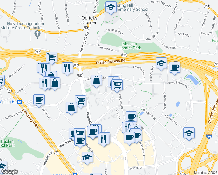 map of restaurants, bars, coffee shops, grocery stores, and more near 1511 Lincoln Way in McLean