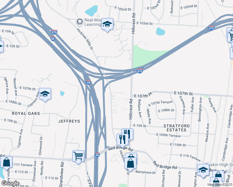 map of restaurants, bars, coffee shops, grocery stores, and more near 1070 Hickman Mills Drive in Kansas City