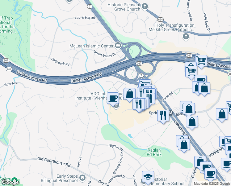 map of restaurants, bars, coffee shops, grocery stores, and more near 1609 Leeds Castle Drive in Vienna