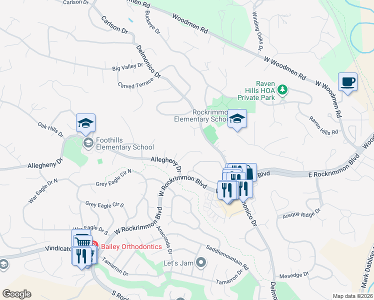 map of restaurants, bars, coffee shops, grocery stores, and more near 350 Allegheny Place in Colorado Springs