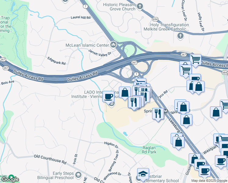 map of restaurants, bars, coffee shops, grocery stores, and more near 8861 Ashgrove House Lane in Vienna