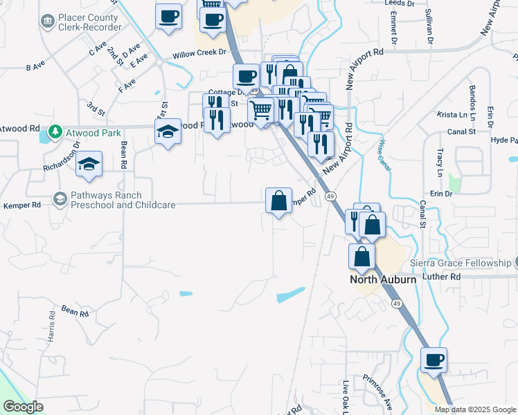 map of restaurants, bars, coffee shops, grocery stores, and more near 11808 Kemper Oaks Court in Auburn