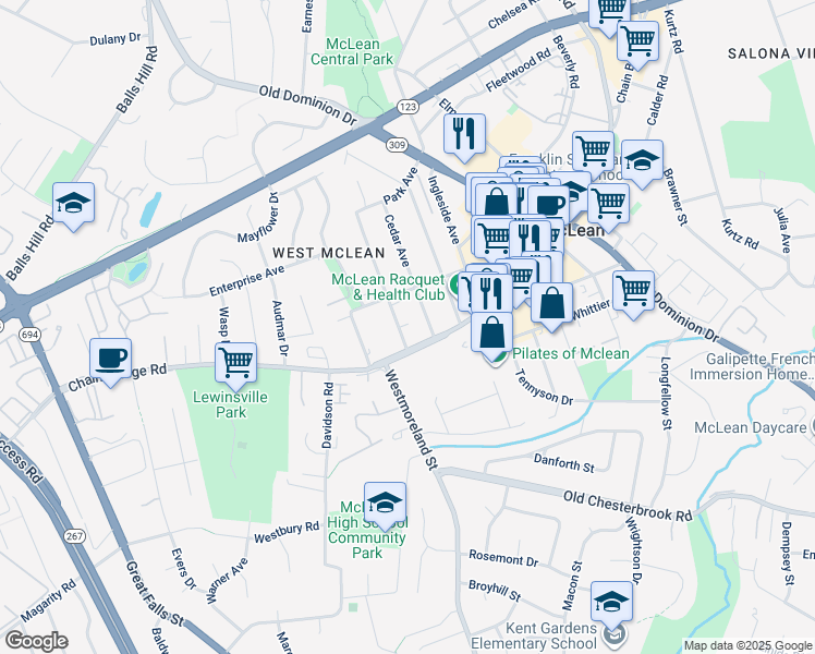 map of restaurants, bars, coffee shops, grocery stores, and more near 1527 Spring Vale Avenue in McLean