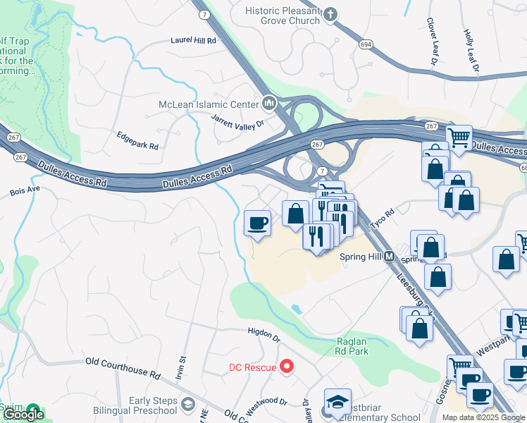 map of restaurants, bars, coffee shops, grocery stores, and more near 1609 Leeds Castle Drive in Vienna