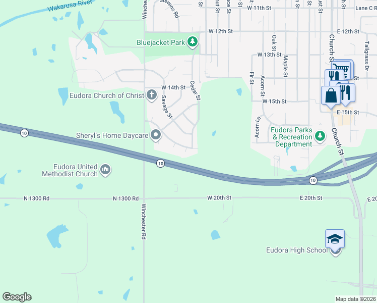 map of restaurants, bars, coffee shops, grocery stores, and more near 1751 Hawthorne Street in Eudora