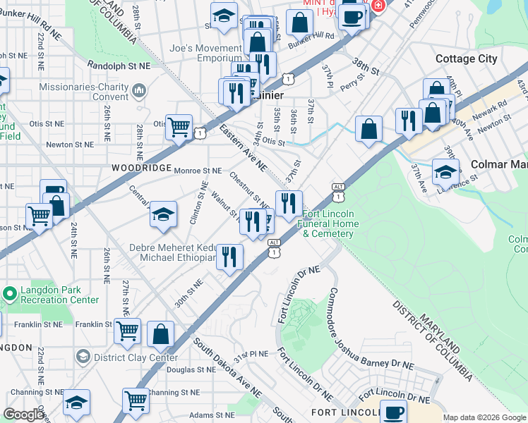 map of restaurants, bars, coffee shops, grocery stores, and more near 3104 Chestnut Street Northeast in Washington