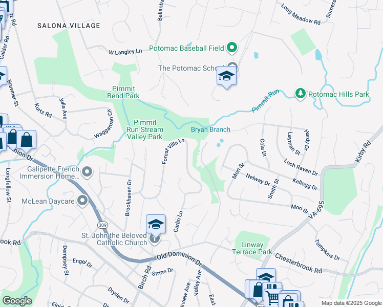 map of restaurants, bars, coffee shops, grocery stores, and more near 1566 Forest Villa Lane in McLean
