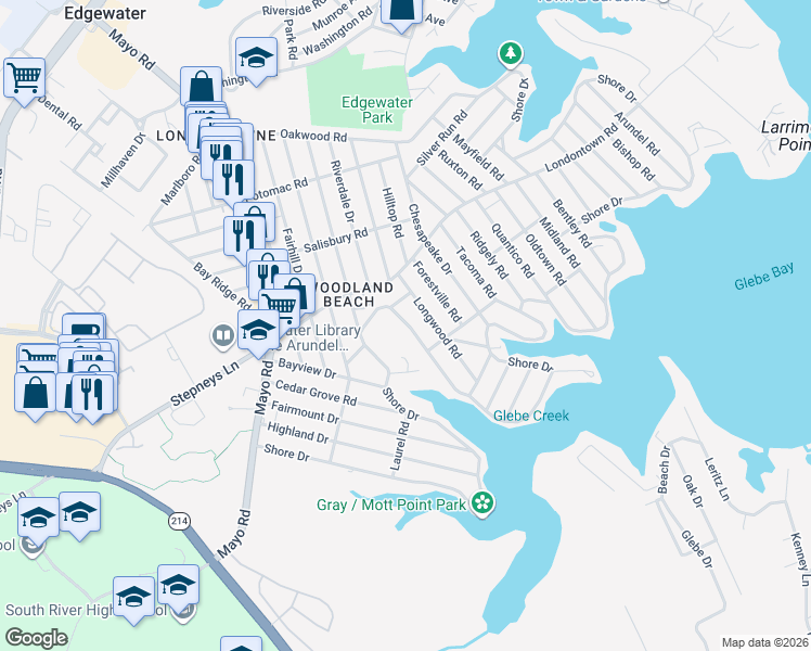 map of restaurants, bars, coffee shops, grocery stores, and more near 1714 Shore Drive in Edgewater