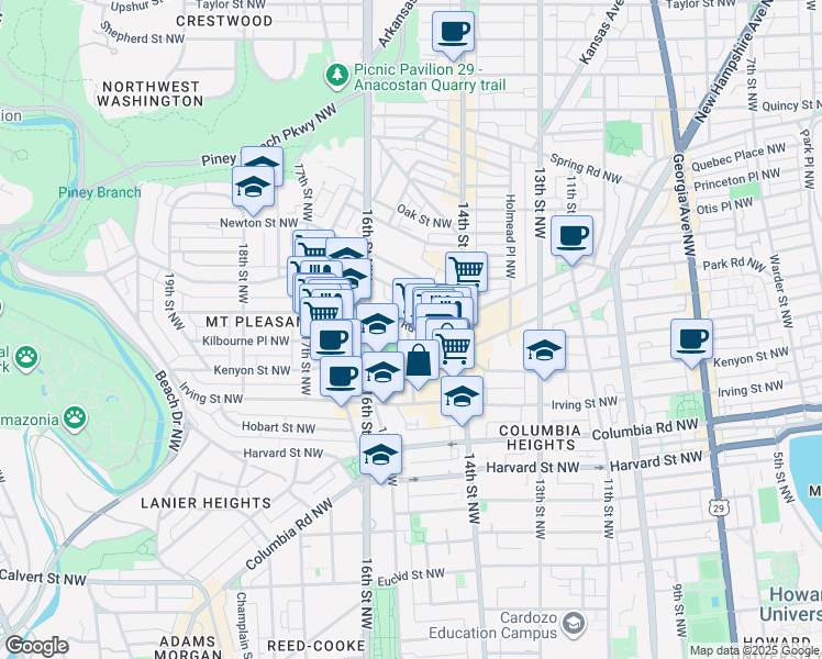 map of restaurants, bars, coffee shops, grocery stores, and more near 1400 Park Road Northwest in Washington