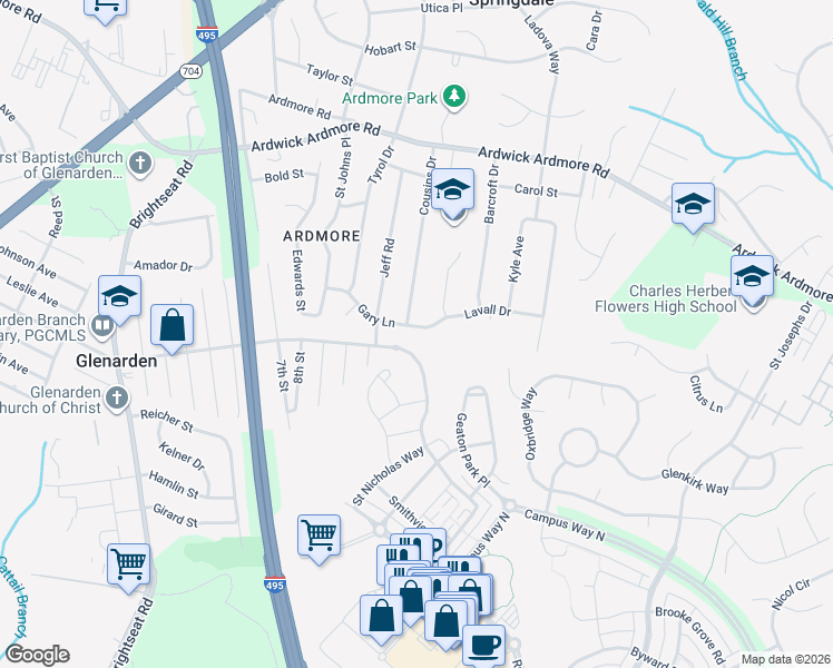map of restaurants, bars, coffee shops, grocery stores, and more near 9219 Gary Lane in Glenarden