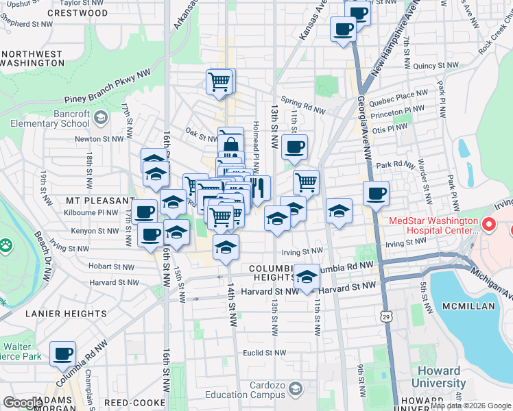 map of restaurants, bars, coffee shops, grocery stores, and more near Park Rd NW & Holmead Pl NW in Washington