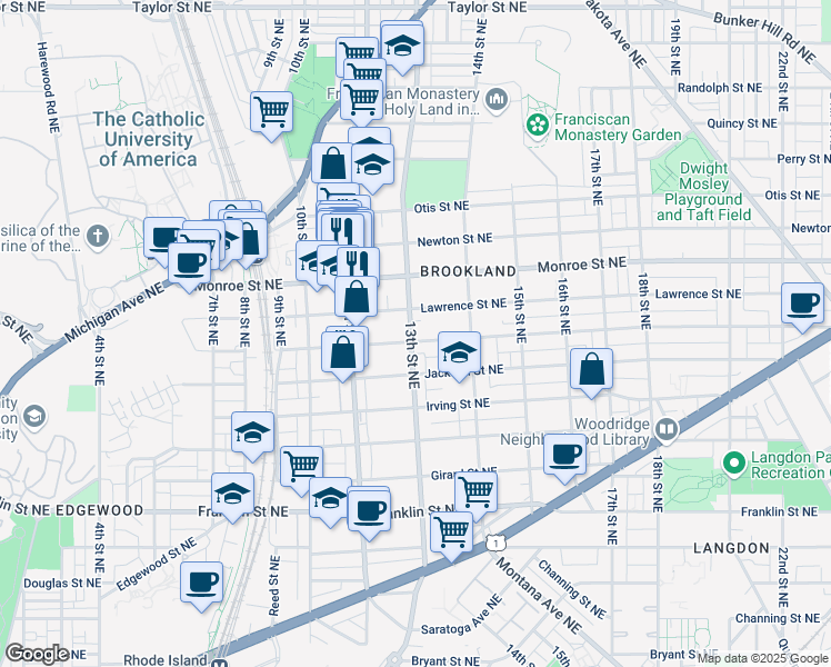 map of restaurants, bars, coffee shops, grocery stores, and more near 3301 13th Street Northeast in Washington