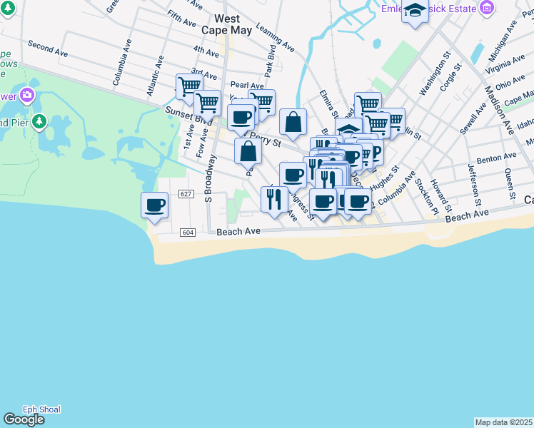 map of restaurants, bars, coffee shops, grocery stores, and more near 208 Grant Street in Cape May