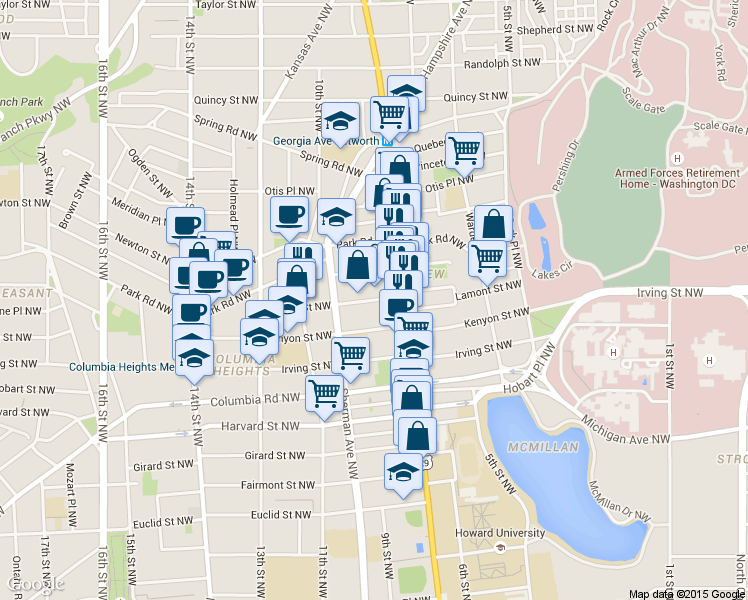 map of restaurants, bars, coffee shops, grocery stores, and more near 709 Lamont St NW in Washington