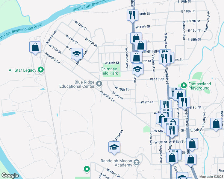map of restaurants, bars, coffee shops, grocery stores, and more near 361 West 9th Street in Front Royal
