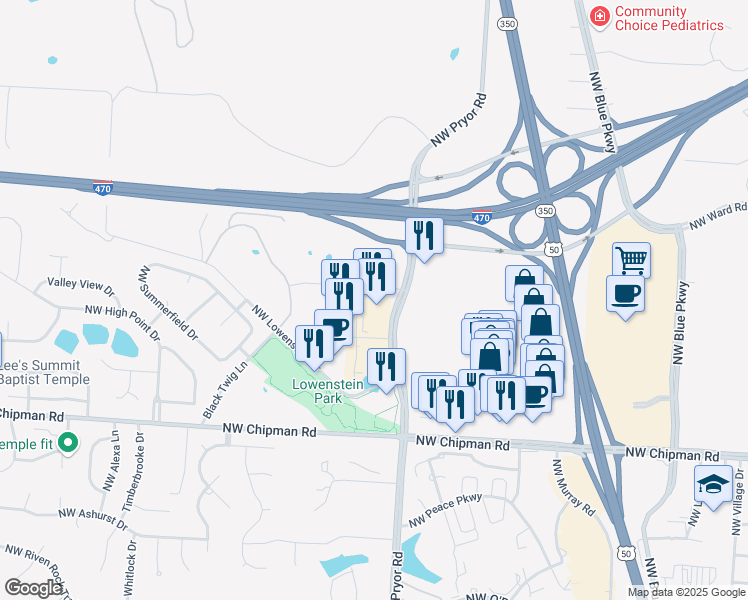 map of restaurants, bars, coffee shops, grocery stores, and more near 920 Northwest Pryor Road in Lee's Summit