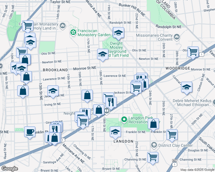 map of restaurants, bars, coffee shops, grocery stores, and more near 1811 Kearny Street Northeast in Washington