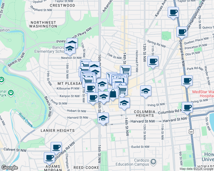 map of restaurants, bars, coffee shops, grocery stores, and more near 1512 Park Road Northwest in Washington