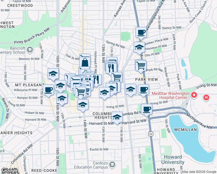 map of restaurants, bars, coffee shops, grocery stores, and more near 101 Independence Avenue Southeast in Washington