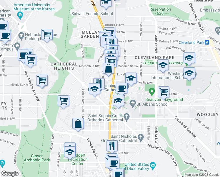 map of restaurants, bars, coffee shops, grocery stores, and more near 3114 Wisconsin Avenue Northwest in Washington