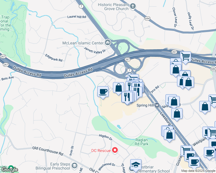 map of restaurants, bars, coffee shops, grocery stores, and more near 8861 Ashgrove House Lane in Vienna