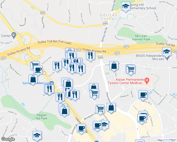 map of restaurants, bars, coffee shops, grocery stores, and more near 1500 Spring Hill Road in McLean