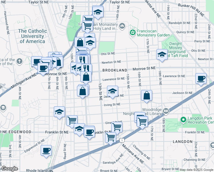 map of restaurants, bars, coffee shops, grocery stores, and more near 1328 Kearny Street Northeast in Washington