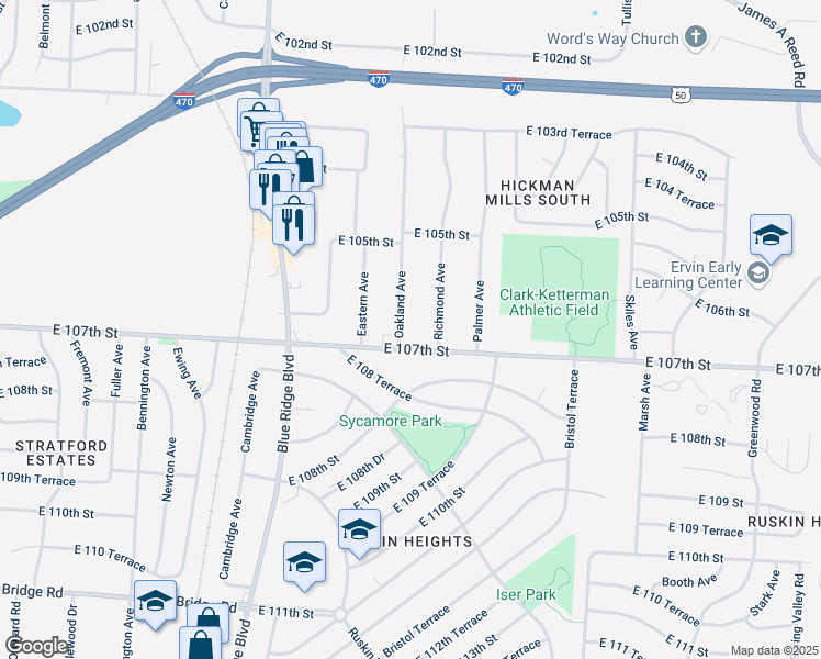 map of restaurants, bars, coffee shops, grocery stores, and more near 10619 Oakland Avenue in Kansas City