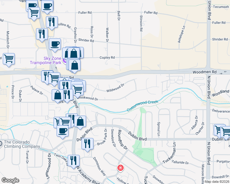 map of restaurants, bars, coffee shops, grocery stores, and more near 1991 Wildwood Drive in Colorado Springs