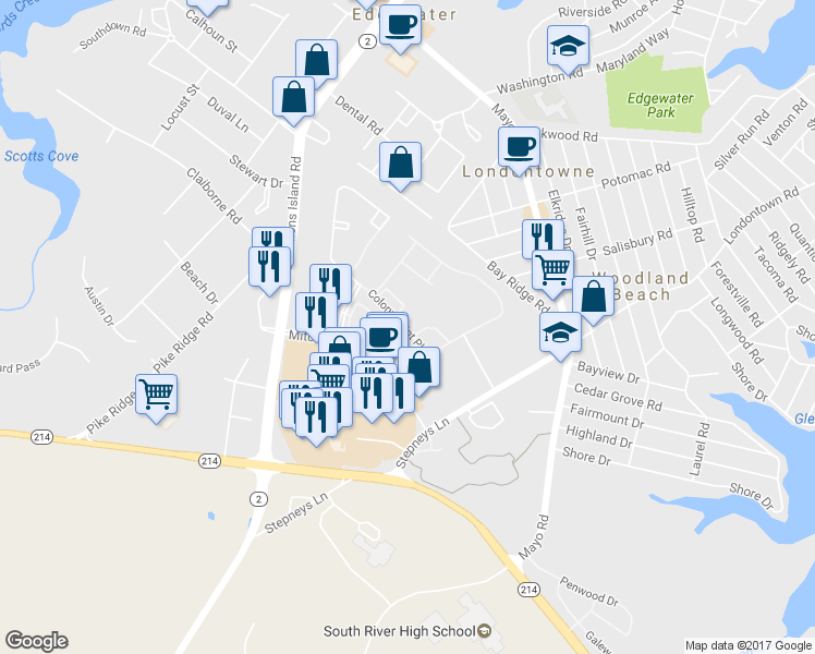 map of restaurants, bars, coffee shops, grocery stores, and more near 200 Gray Fox Court in Edgewater
