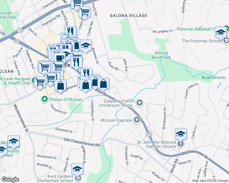 map of restaurants, bars, coffee shops, grocery stores, and more near 6677 McLean Drive in McLean