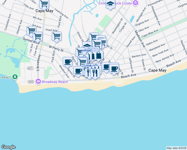 map of restaurants, bars, coffee shops, grocery stores, and more near 9 Jackson Street in Cape May