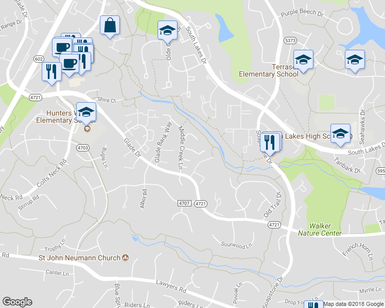 map of restaurants, bars, coffee shops, grocery stores, and more near 11743 Dry River Court in Reston