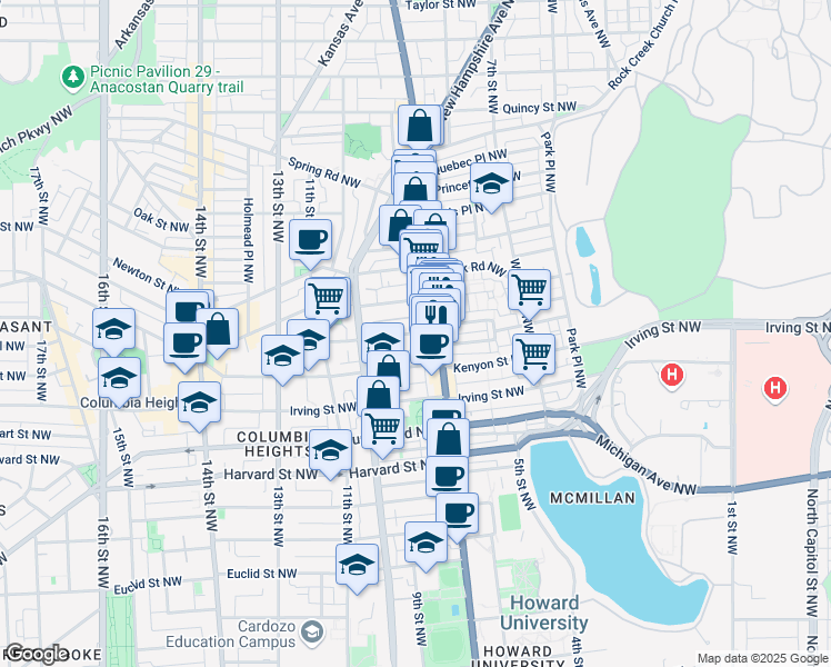 map of restaurants, bars, coffee shops, grocery stores, and more near Lamont Street Northwest in Washington