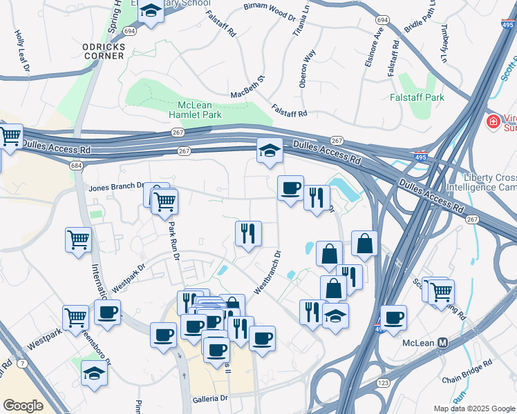 map of restaurants, bars, coffee shops, grocery stores, and more near 1500 Westbranch Drive in Tysons
