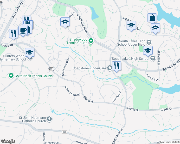 map of restaurants, bars, coffee shops, grocery stores, and more near 2344 Millennium Lane in Reston