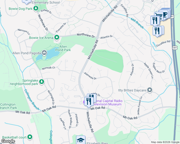 map of restaurants, bars, coffee shops, grocery stores, and more near 3003 Ample Court in Bowie