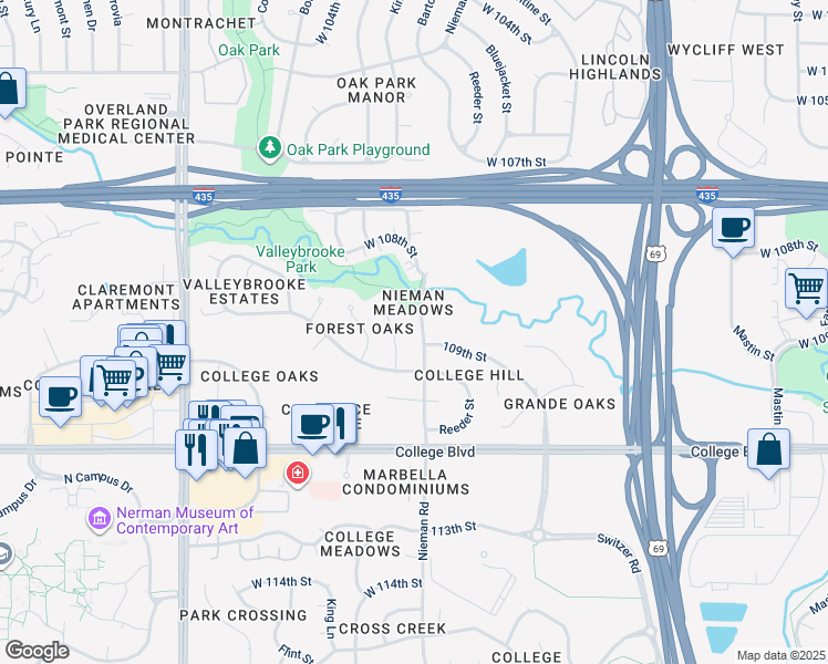 map of restaurants, bars, coffee shops, grocery stores, and more near 10882 Nieman Road in Overland Park