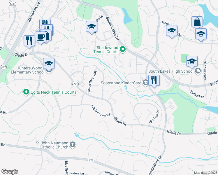 map of restaurants, bars, coffee shops, grocery stores, and more near 11743 Dry River Court in Reston